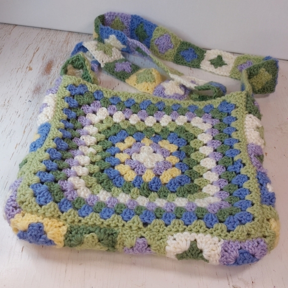 Colorful Hand Crafted Crochet Granny Square Crossbody Purse Boho Lined Handbag - Picture 8 of 12